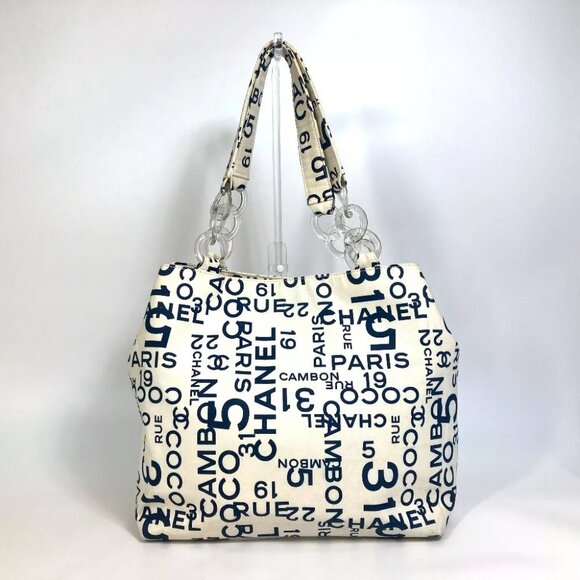 CHANEL By the Sea CC Mark Clear Chain Shoulder Tote Bag Canvas White x navy - Picture 10 of 12